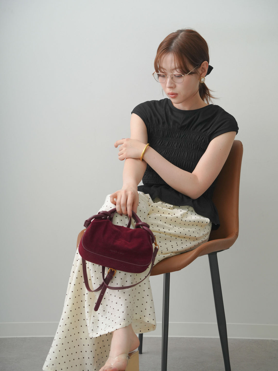 [SET]フレンチスリーブシャーリングトップス+ドットワイドイージーパンツ(2set)