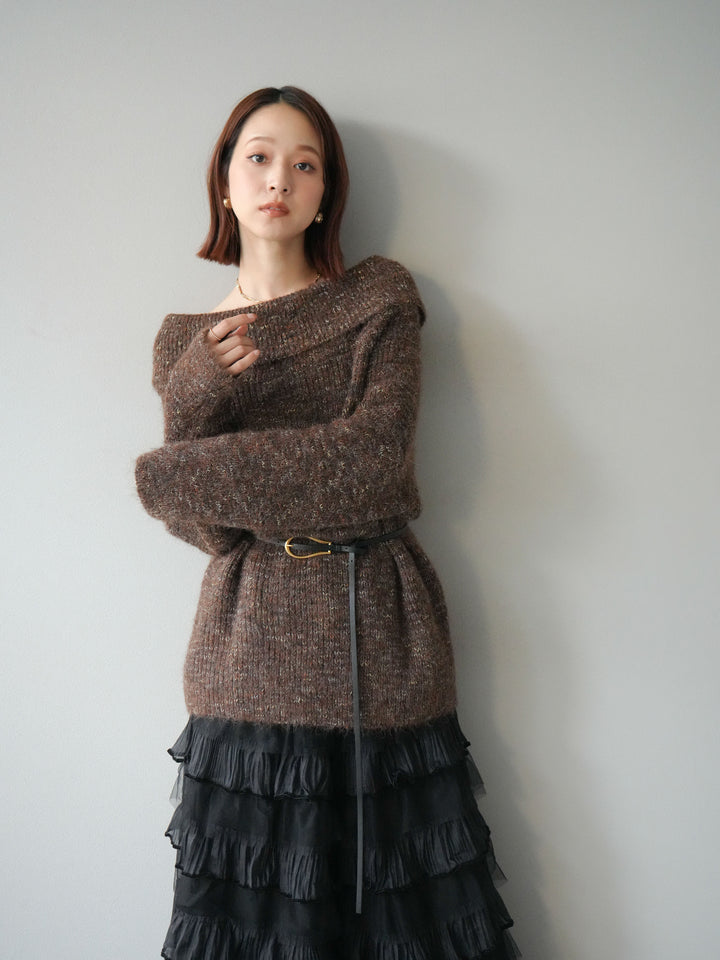 [予約]ミックスヤーンオフショルルーズニットプルオーバー/ブラウン