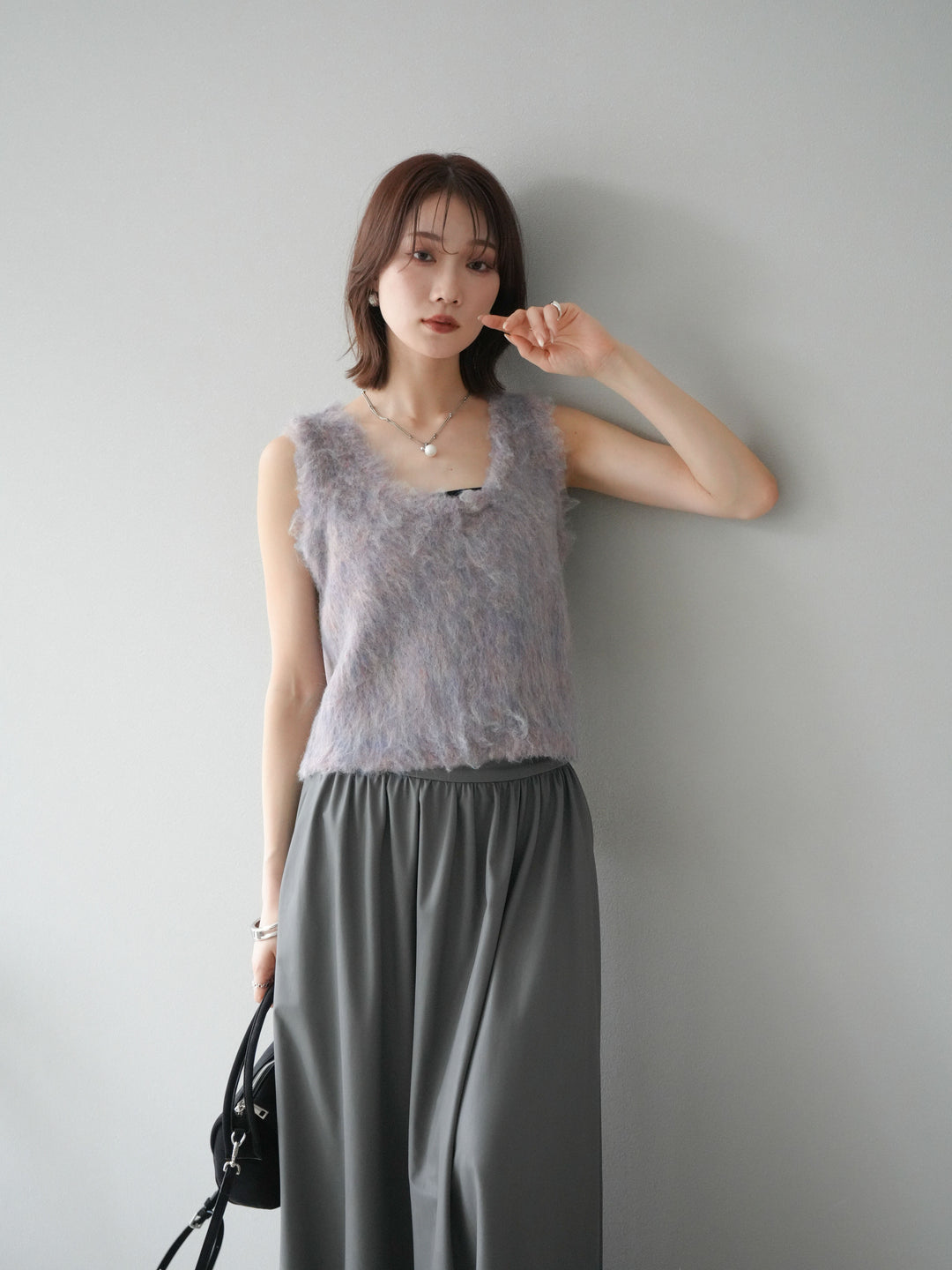 [予約]ミックスシャギーUネックベスト/グリーン