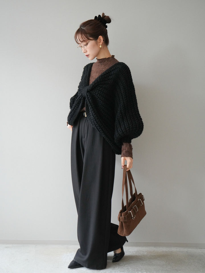 [SET]ローゲージ畦編みドルマンニットボレロ+起毛レースプチネックトップス+ベルトループデザインワイドパンツM(3set)