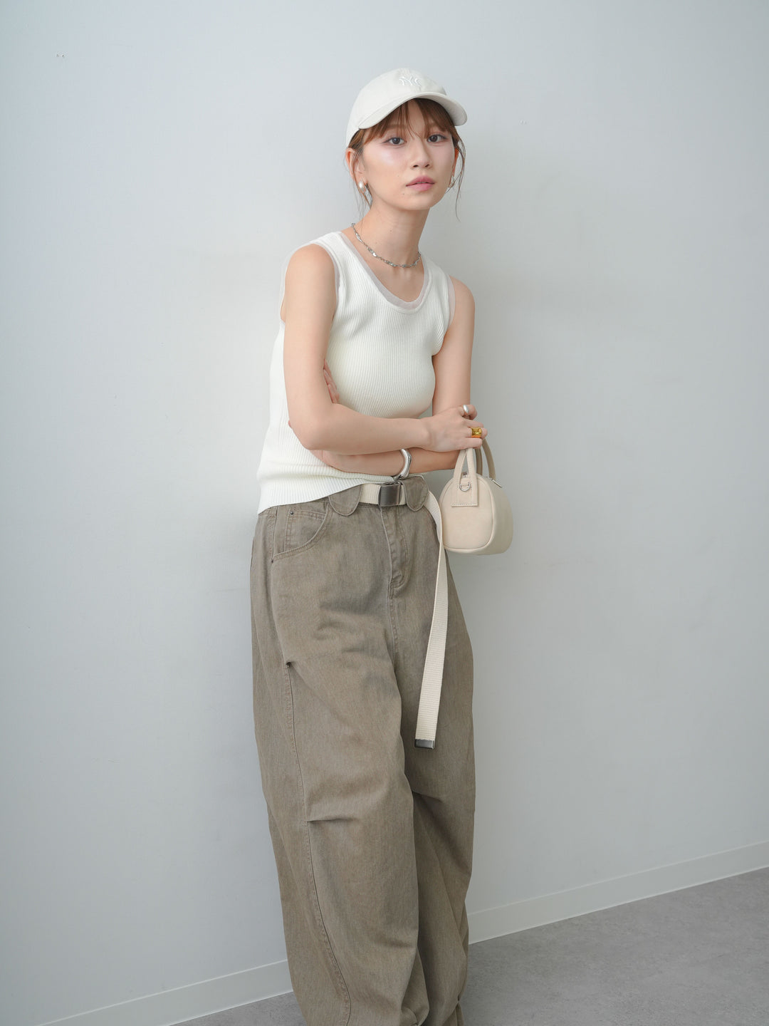 [SET]チュールトリムリブニットタンクトップ+ウォッシュタックカーブパンツ(2set)