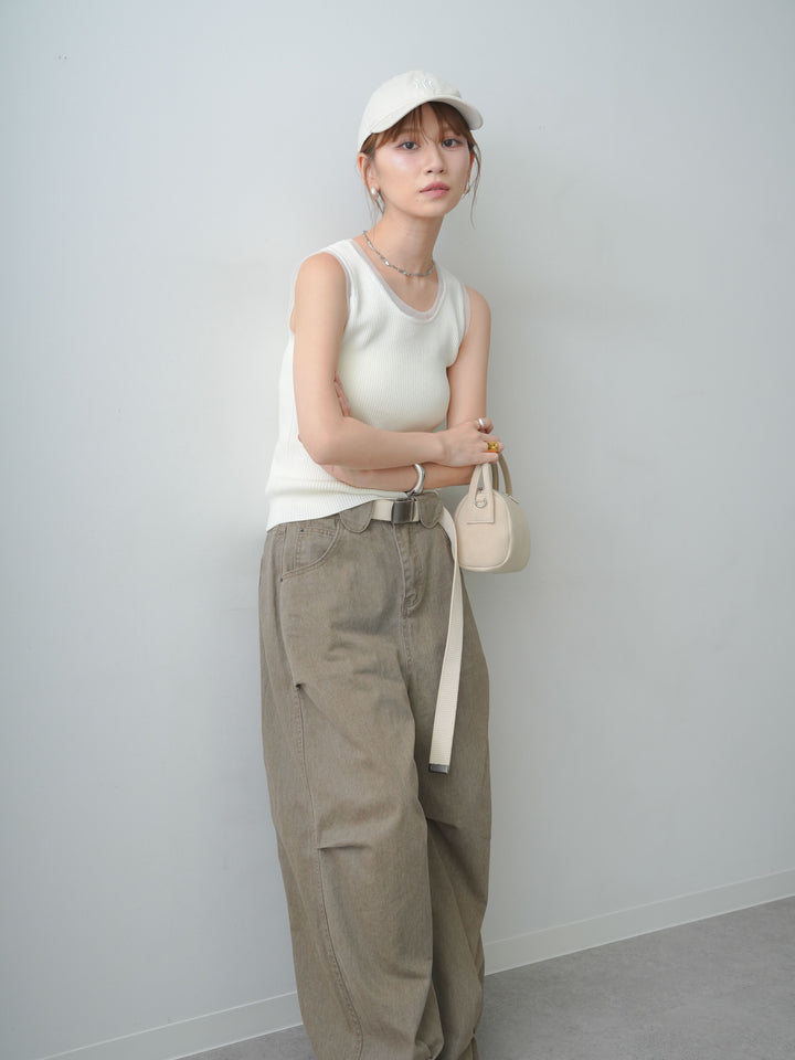 [SET]チュールトリムリブニットタンクトップ+ウォッシュタックカーブパンツ(2set)