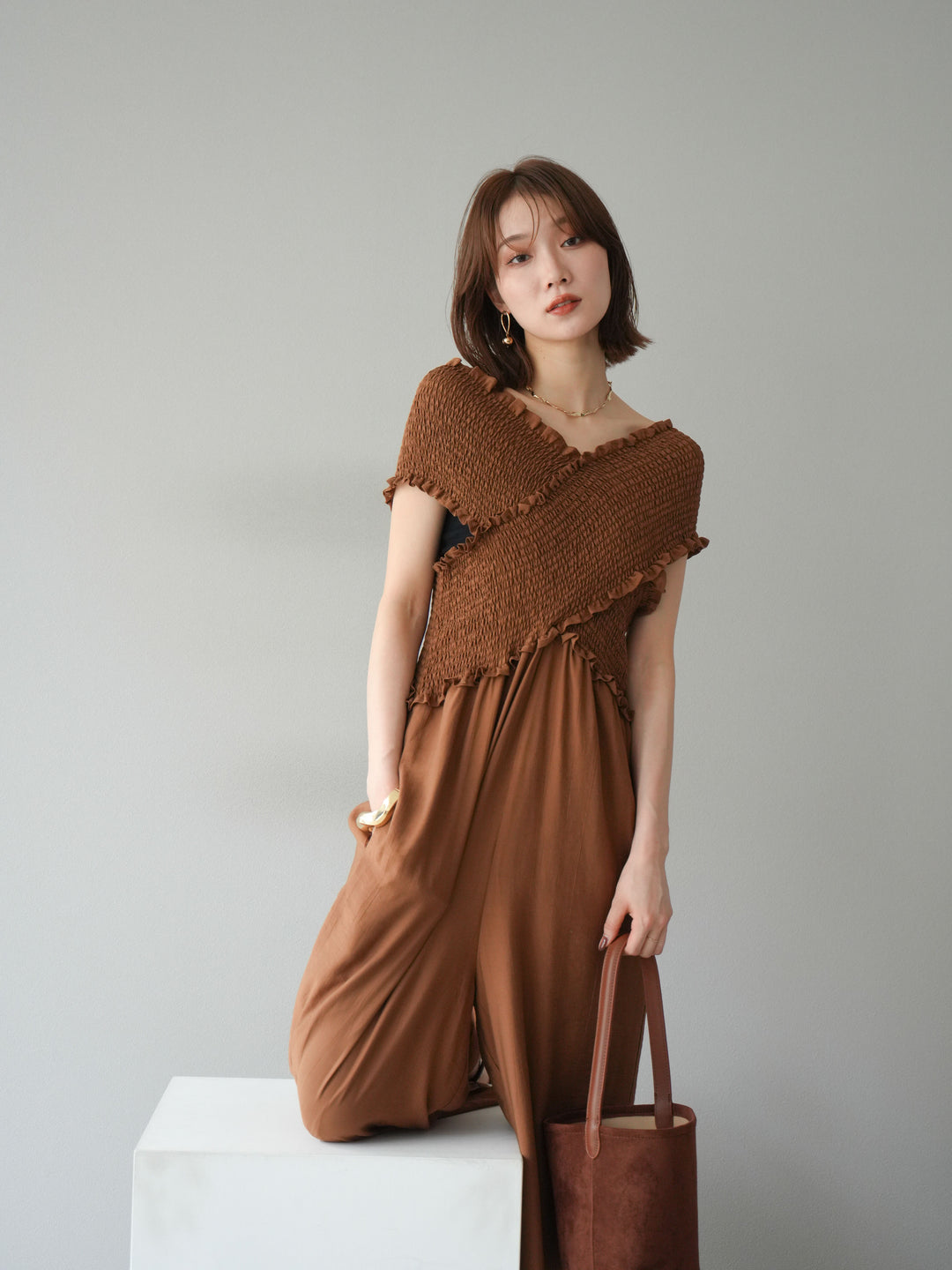 [予約]シャーリングクロスサロペット/ブラウン