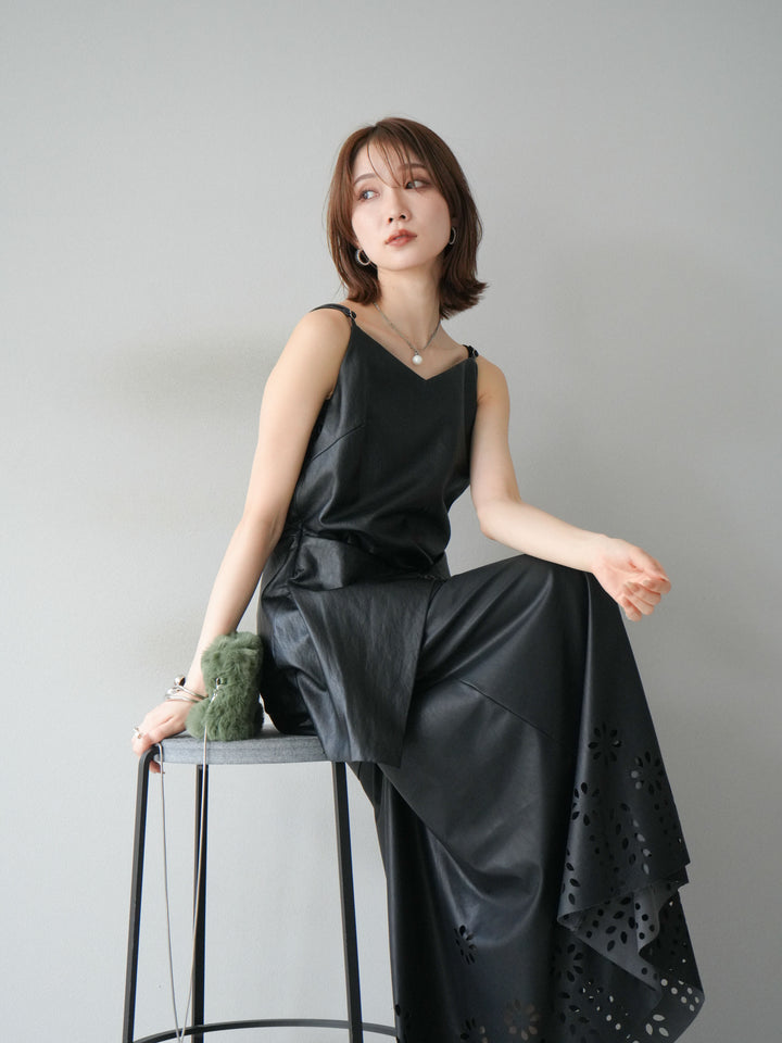 [予約]レイヤードレザーキャミソールチュニック/ブラック