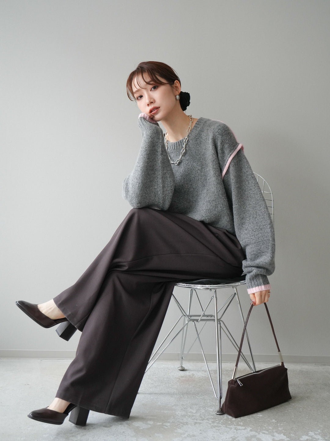 [予約]バイカラーパイピングニットプルオーバー/gray