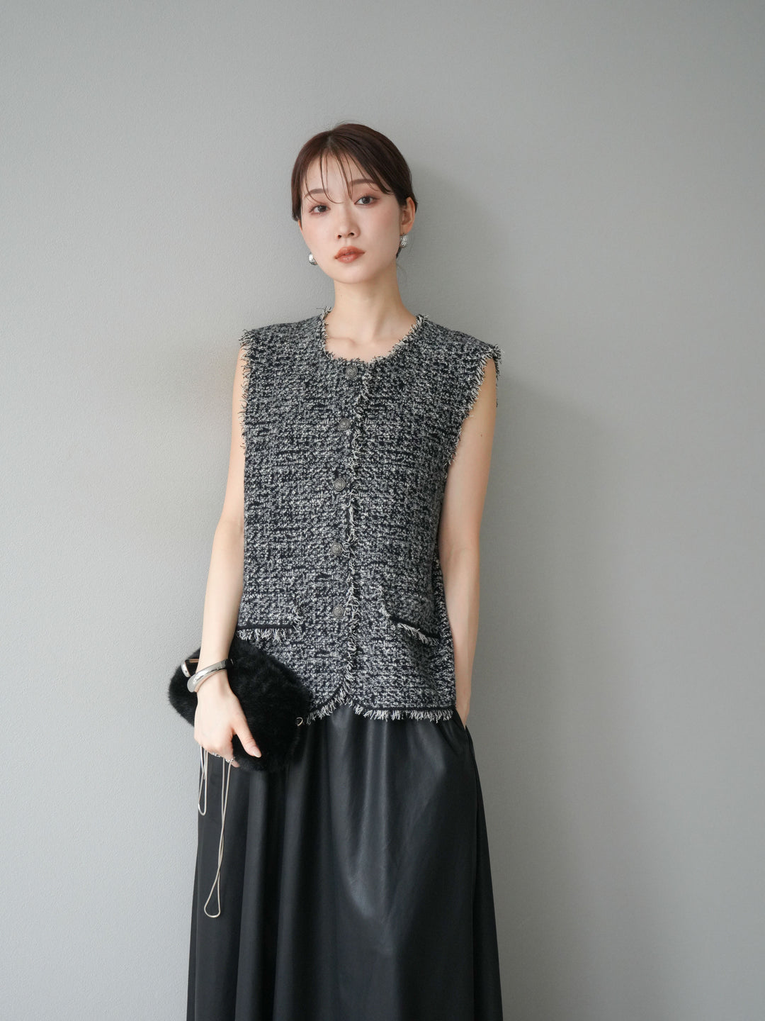 [予約]ミックスツイードフリンジニットベスト/ブラック