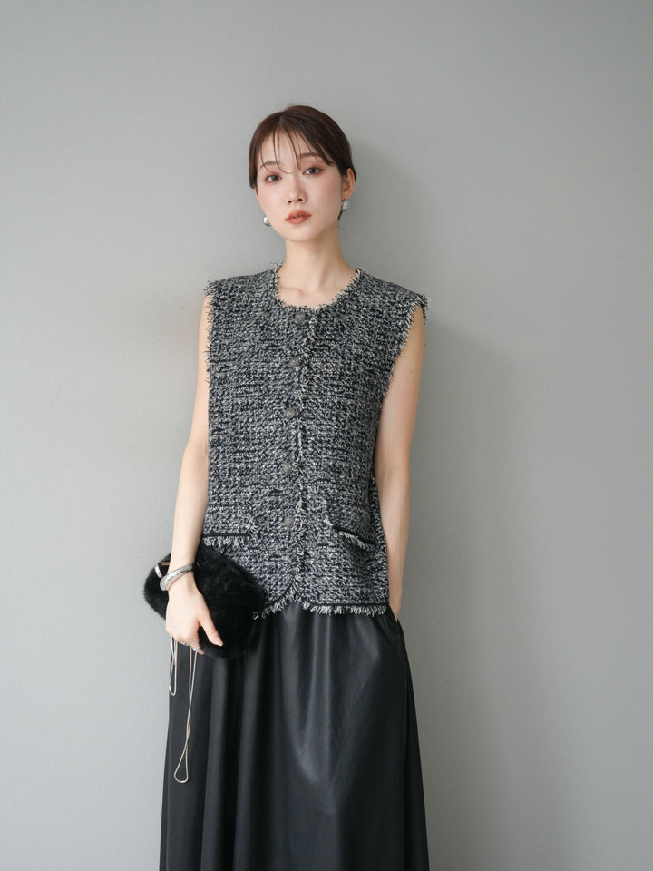 [予約]ミックスツイードフリンジニットベスト/ブラック