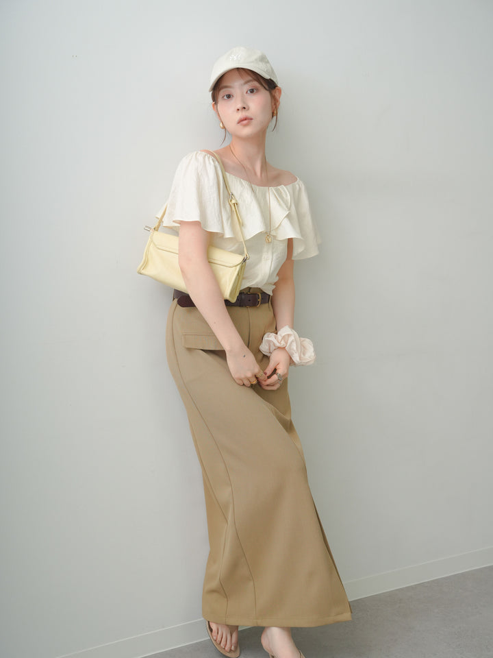 [SET]ラッフルオフショルブラウス+クレープデシンフラップ付きストレートスカート(2set)