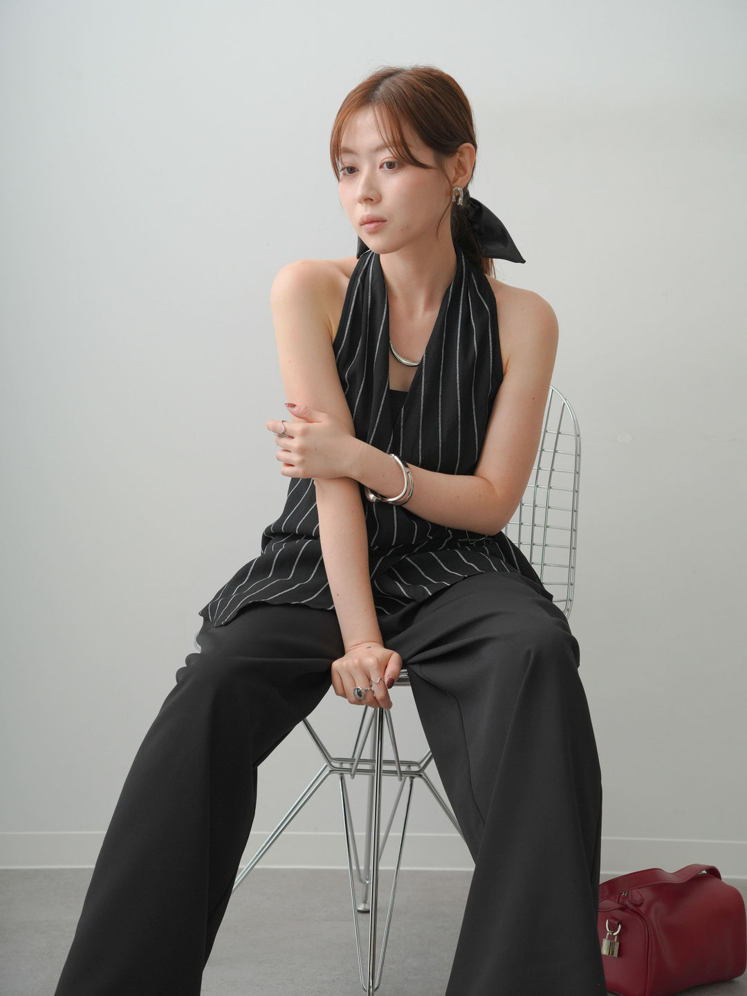 [SET]ストライプカシュクールジレ+クレープデシンタックワイドパンツ(2set)