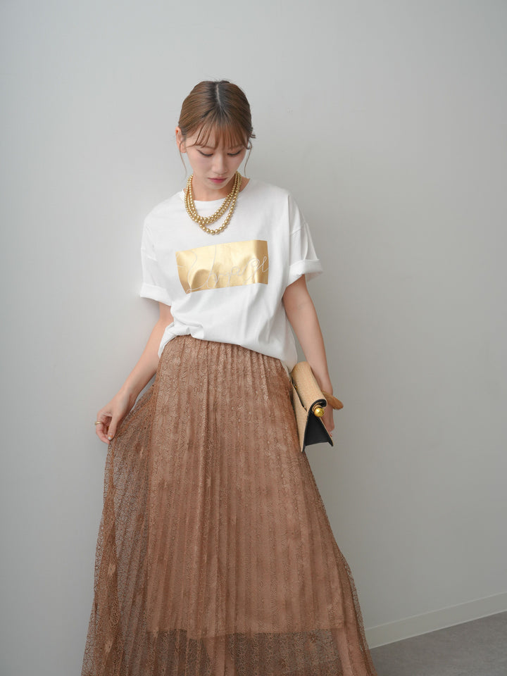 [SET]箔プリントボックスTEE+フローラルレースプリーツスカート(2set)