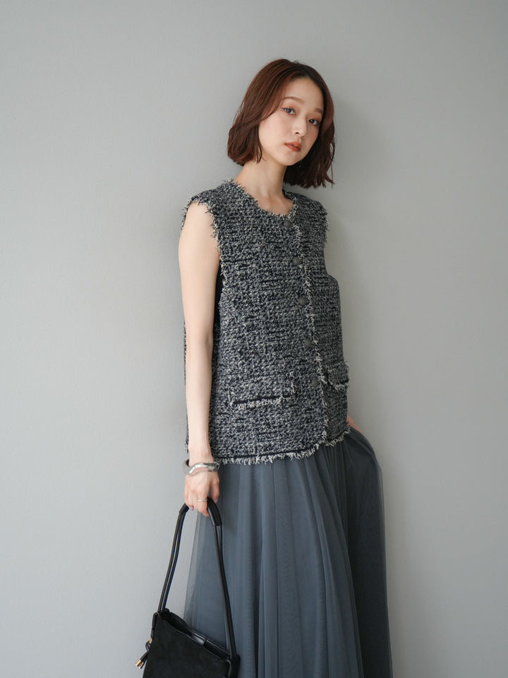 [予約]ミックスツイードフリンジニットベスト/ブラック