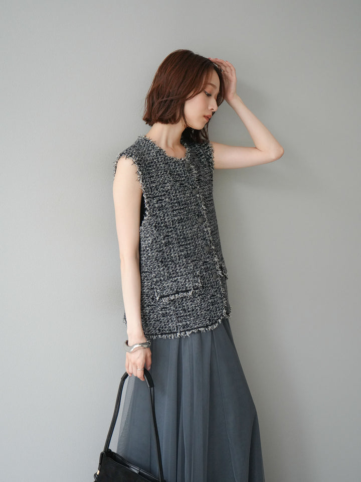 [予約]ミックスツイードフリンジニットベスト/ブラック