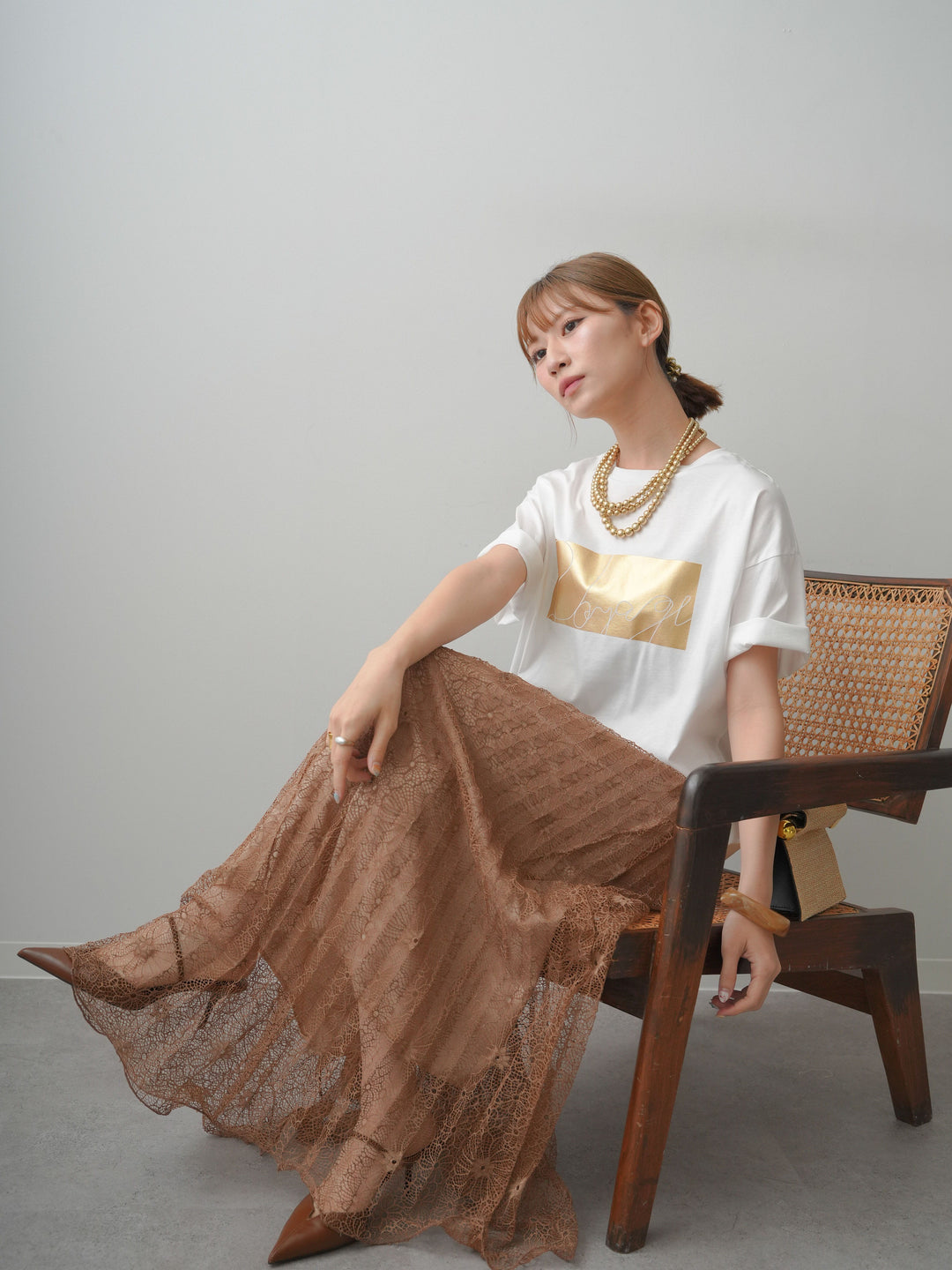 [SET]箔プリントボックスTEE+フローラルレースプリーツスカート(2set)