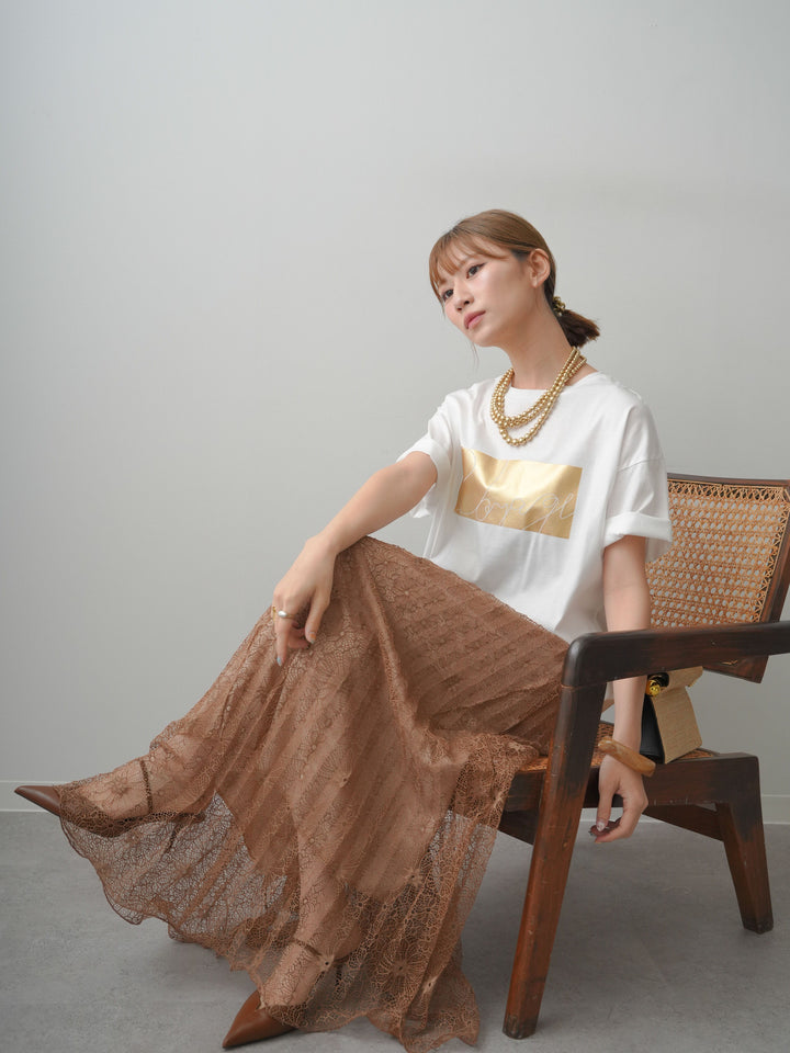 [SET]箔プリントボックスTEE+フローラルレースプリーツスカート(2set)