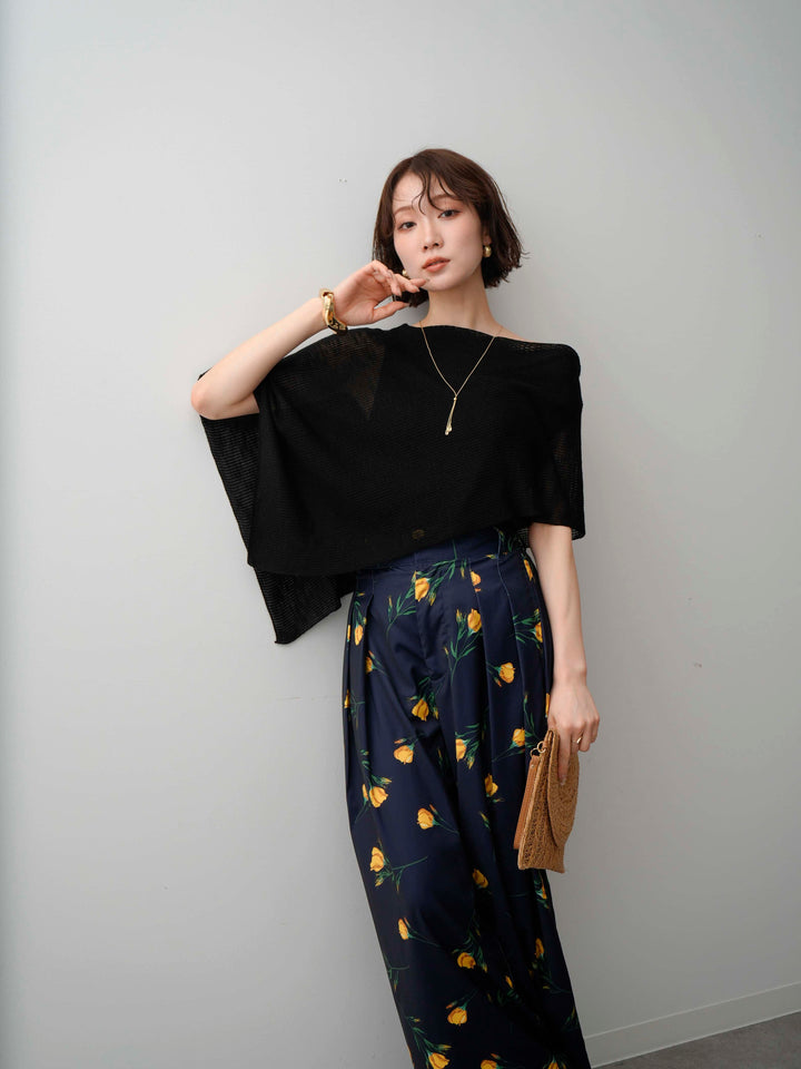 [予約]アシメケープリブノースリニットトップス/black