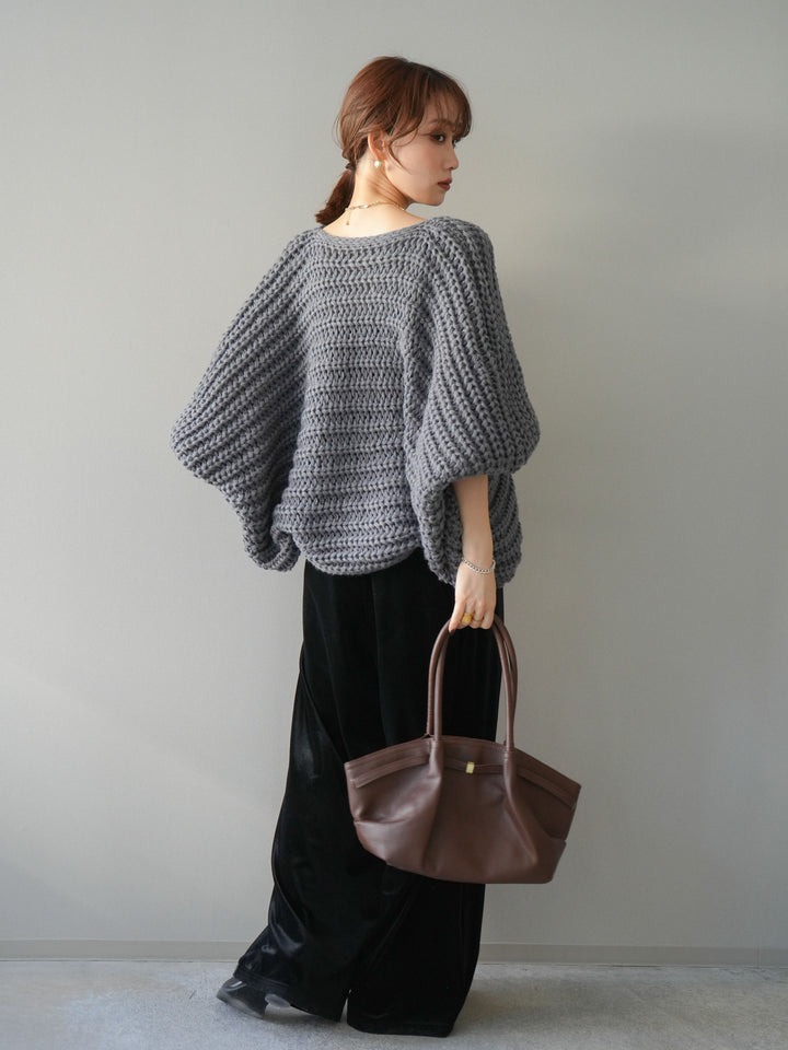 [SET]ローゲージ畦編みドルマンニットボレロ+ベロアベルトスリムパンツ(2set)