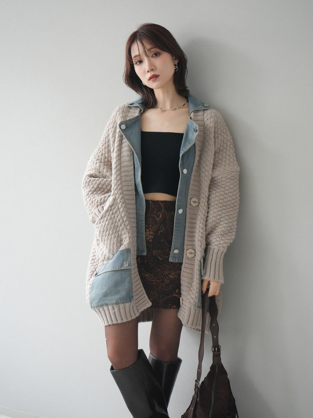 [SET]デニム襟レイヤードニットジャケット+デニム襟レイヤードニットジャケット(2set)