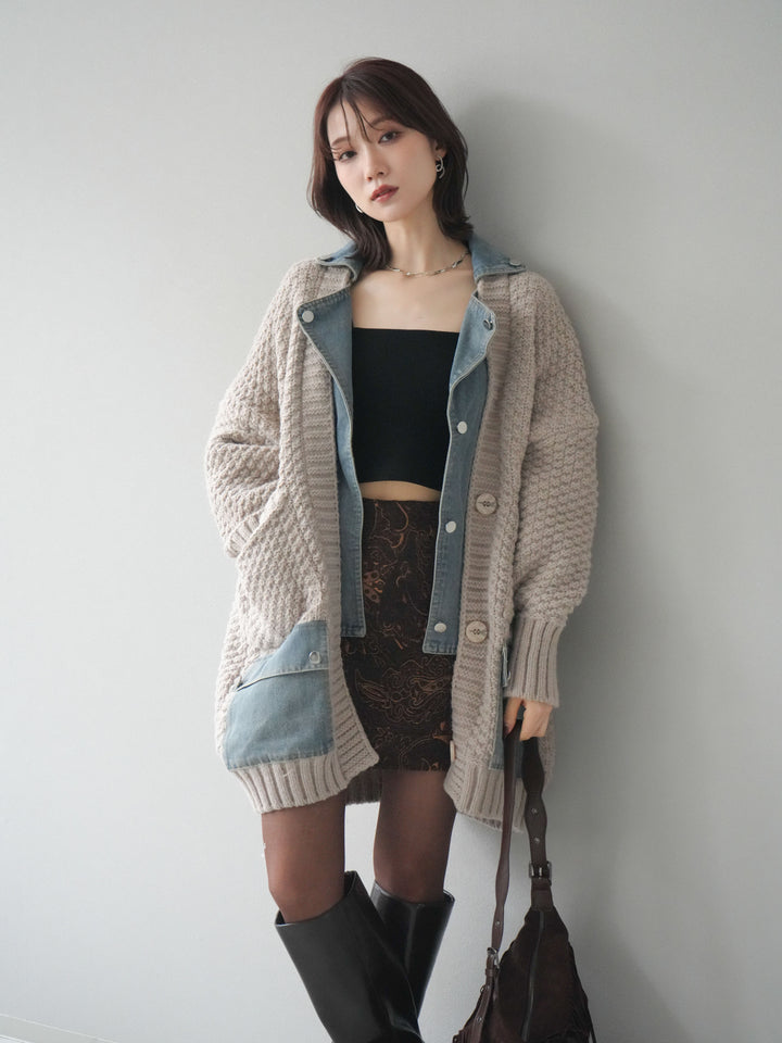 [SET]デニム襟レイヤードニットジャケット+デニム襟レイヤードニットジャケット(2set)