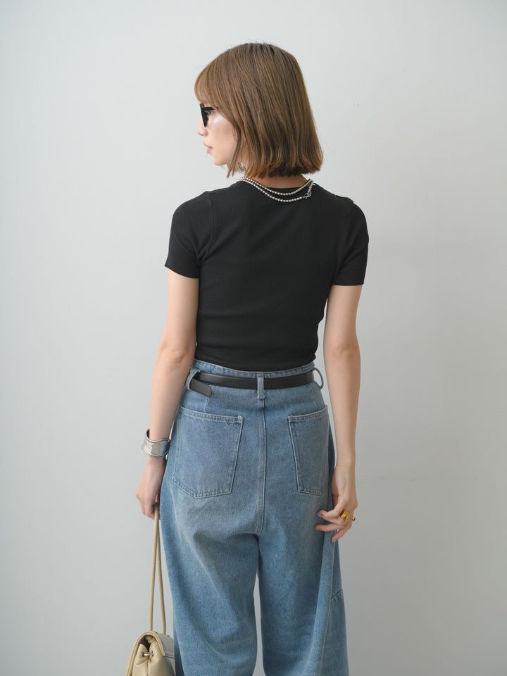 [予約]アシメフラワーレースVネック半袖ニットトップス/black