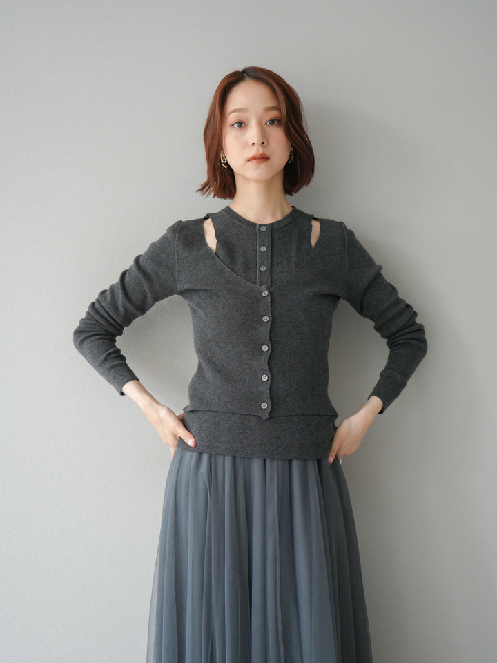 [予約]レイヤードデザインニットカーディガン/チャコール