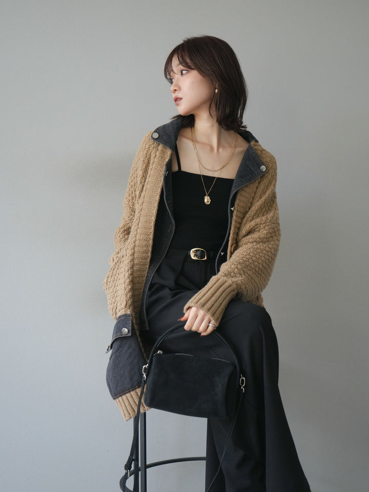 [SET]デニム襟レイヤードニットジャケット+ベルトループデザインワイドパンツ(2set)