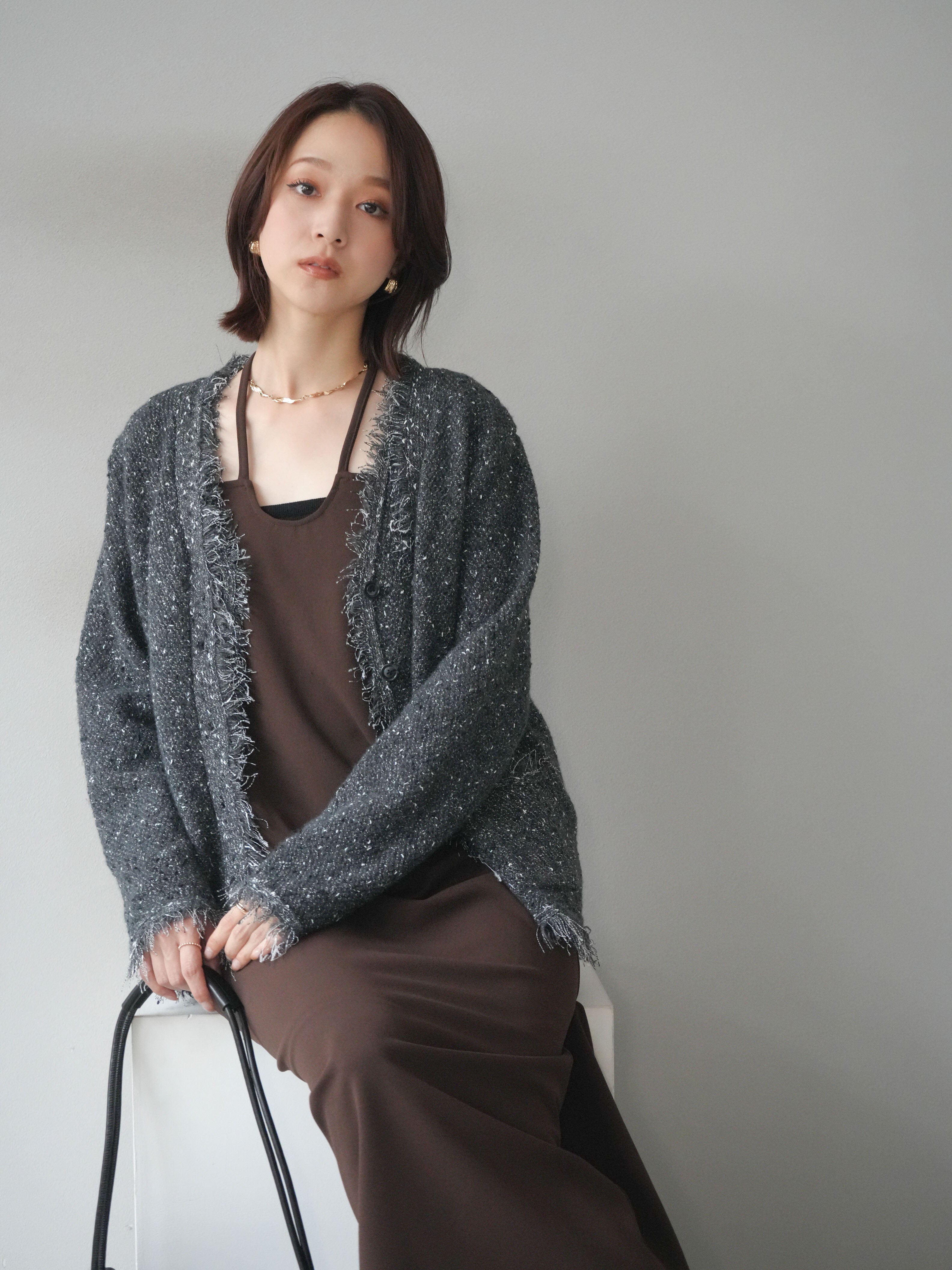 予約]ネップフリンジニットカーディガン/ gray – Lumier