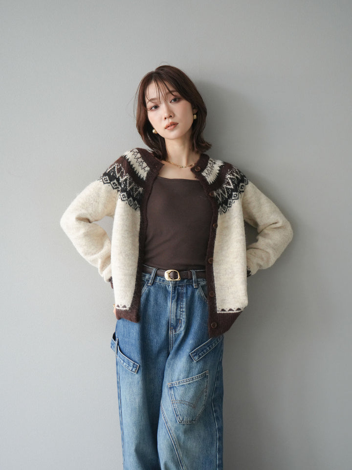 [SET]ノルディック柄ニットカーディガン+ペインターカーブデニムパンツ(2set)