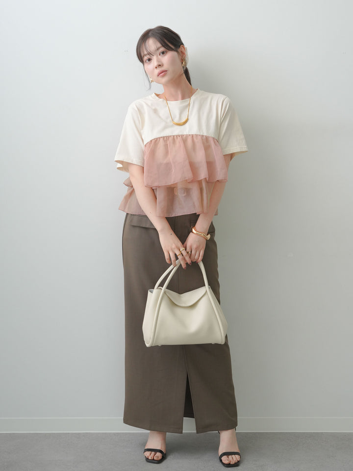 [SET]オーガンジーフリルドッキングTEE+クレープデシンフラップ付きストレートスカート(2set)