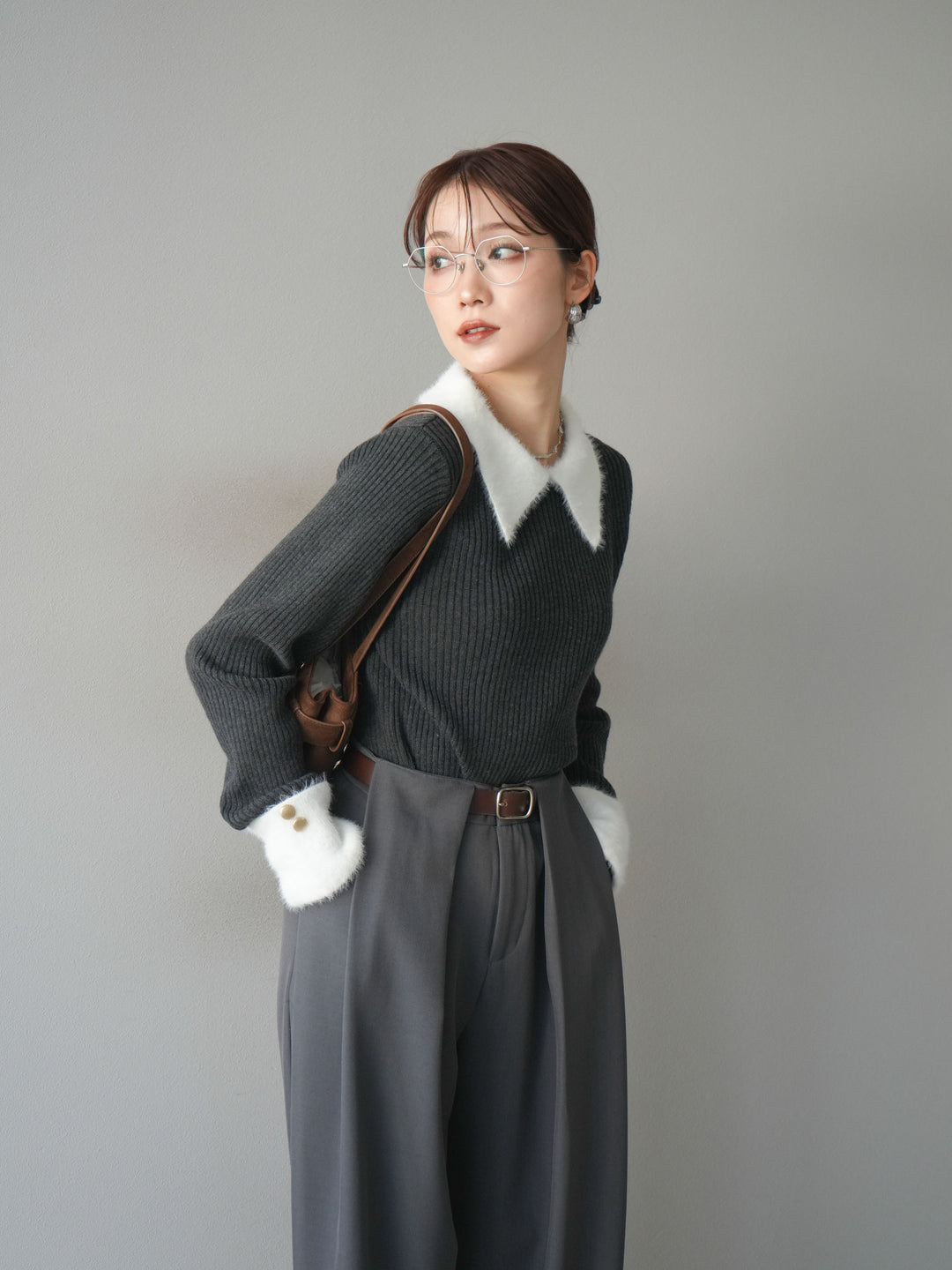 [SET]シャギー襟リブニットトップス+ベルトループデザインワイドパンツ(2set)