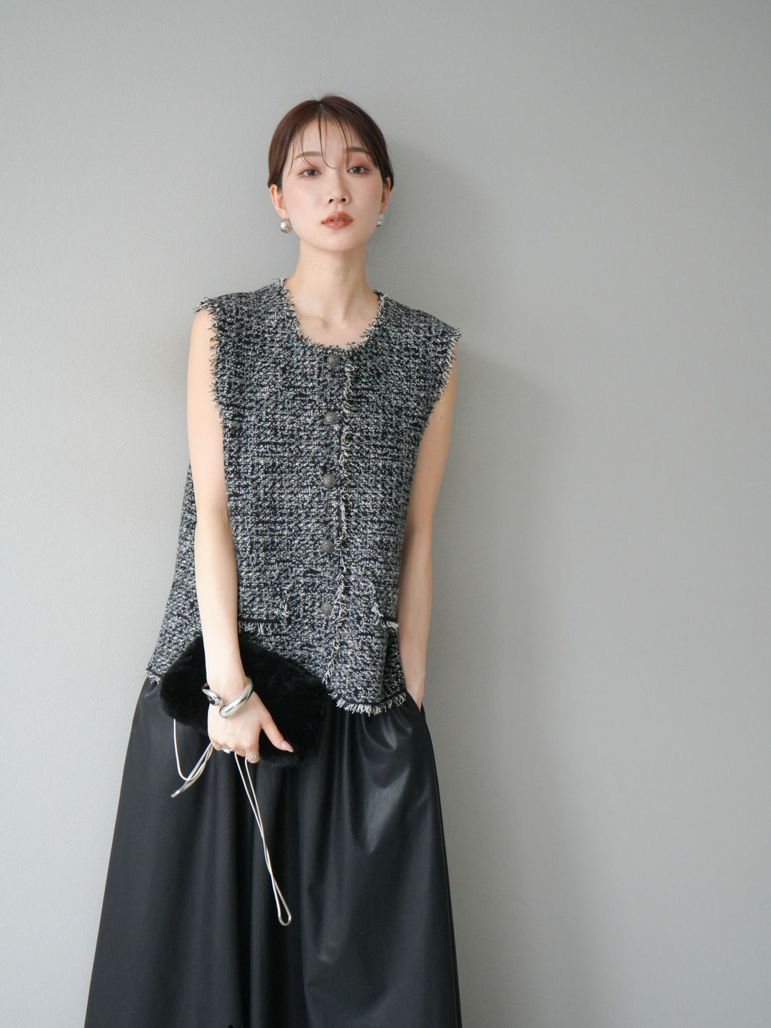 [予約]ミックスツイードフリンジニットベスト/ブラック