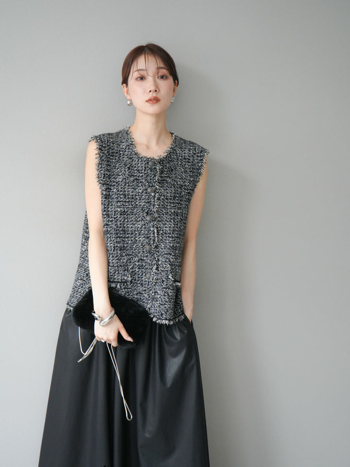 [予約]ミックスツイードフリンジニットベスト/ブラック