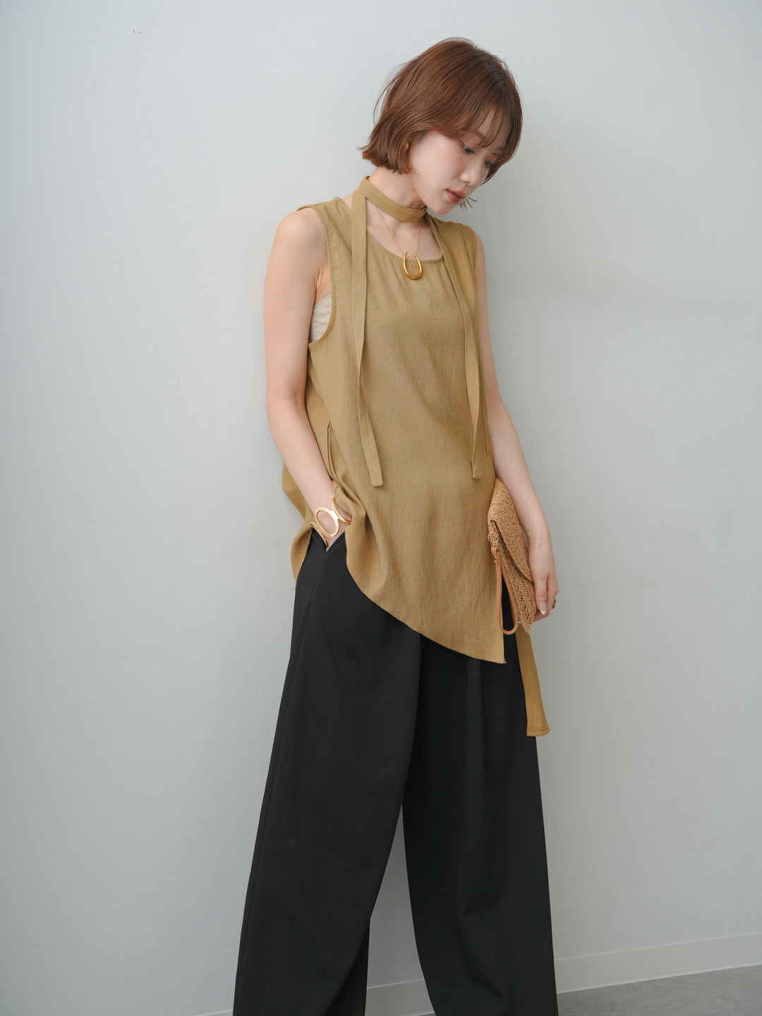 [SET]タイ付アシメヘムノースリトップス+リラックスドレープスウェットパンツ(2set)