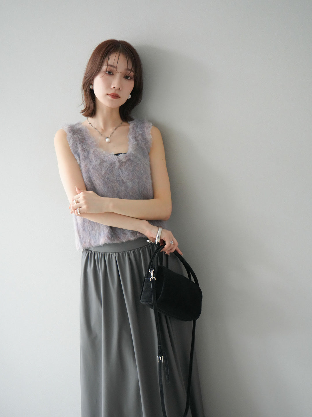 [予約]ミックスシャギーUネックベスト/グリーン