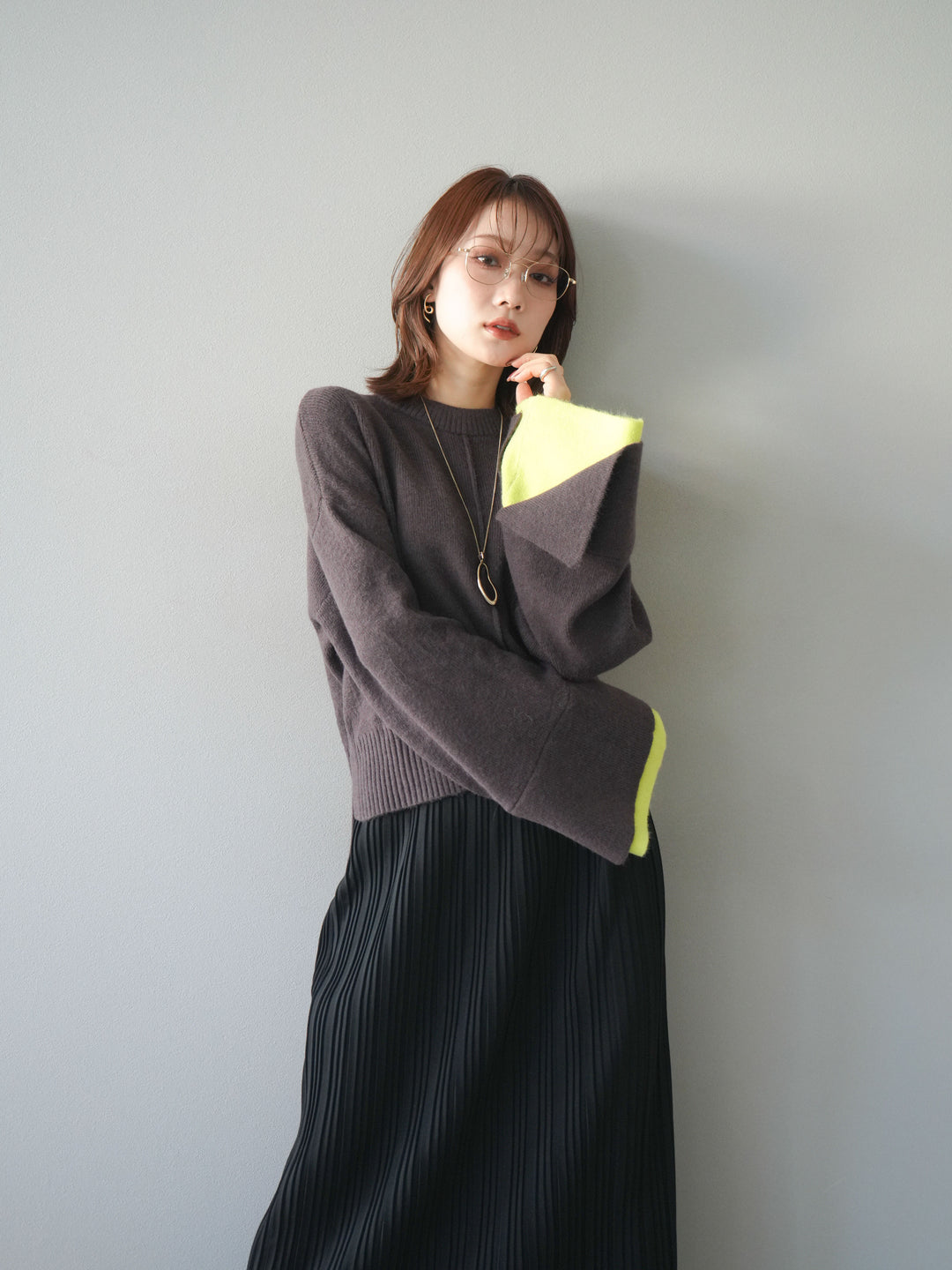 [予約]袖レイヤード配色ニットプルオーバー/brown