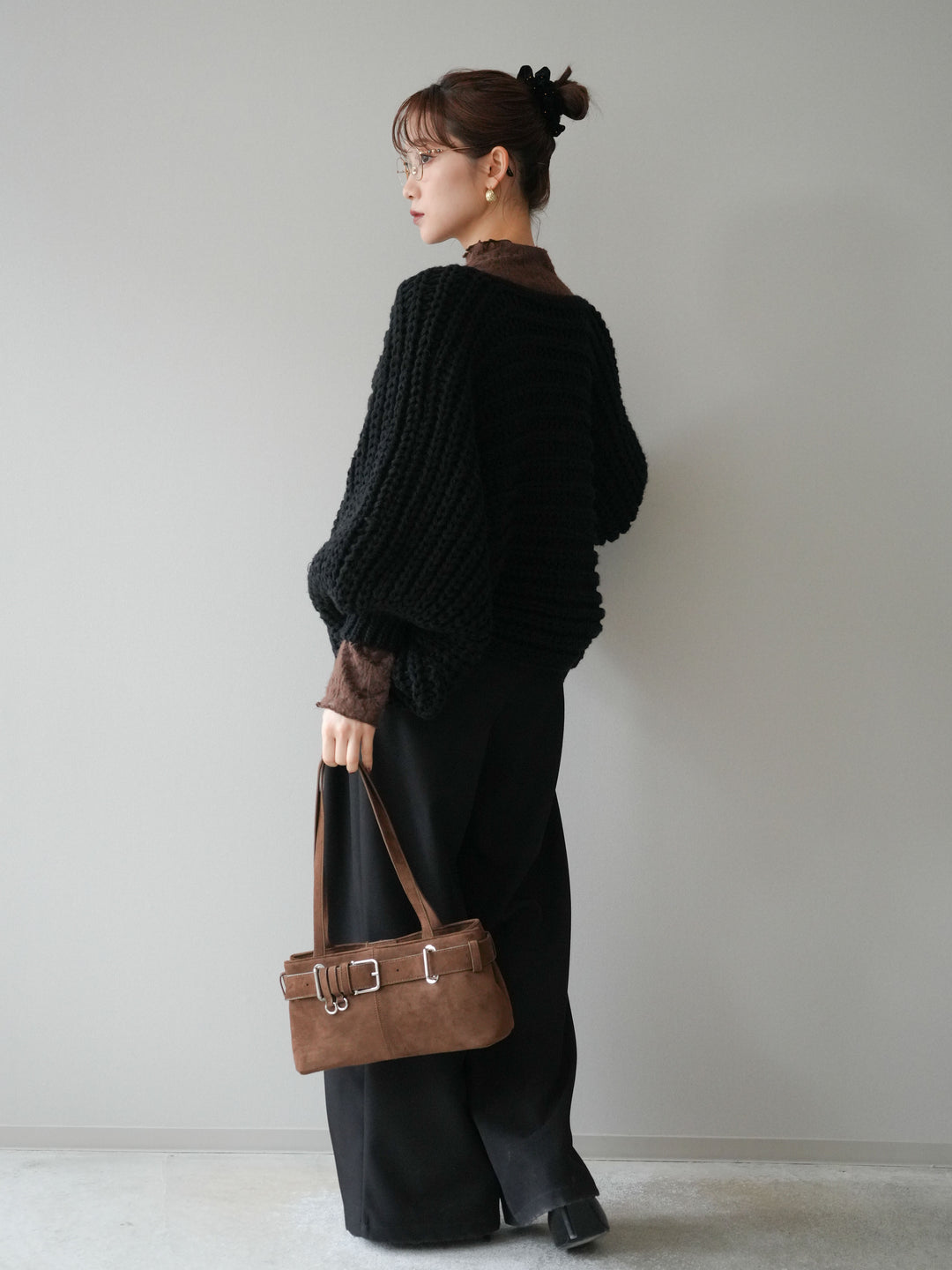 [SET]ローゲージ畦編みドルマンニットボレロ+起毛レースプチネックトップス+ベルトループデザインワイドパンツM(3set)