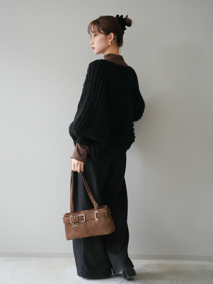 [SET]ローゲージ畦編みドルマンニットボレロ+起毛レースプチネックトップス+ベルトループデザインワイドパンツM(3set)