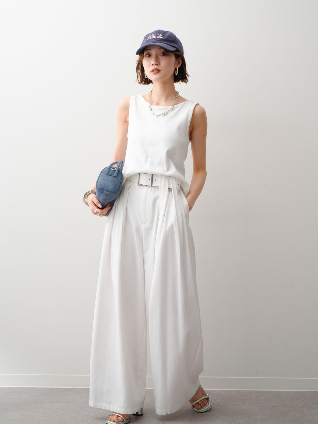 [SET]ツイストタンクトップ+ベルト付デザインループワイドパンツ(2set)