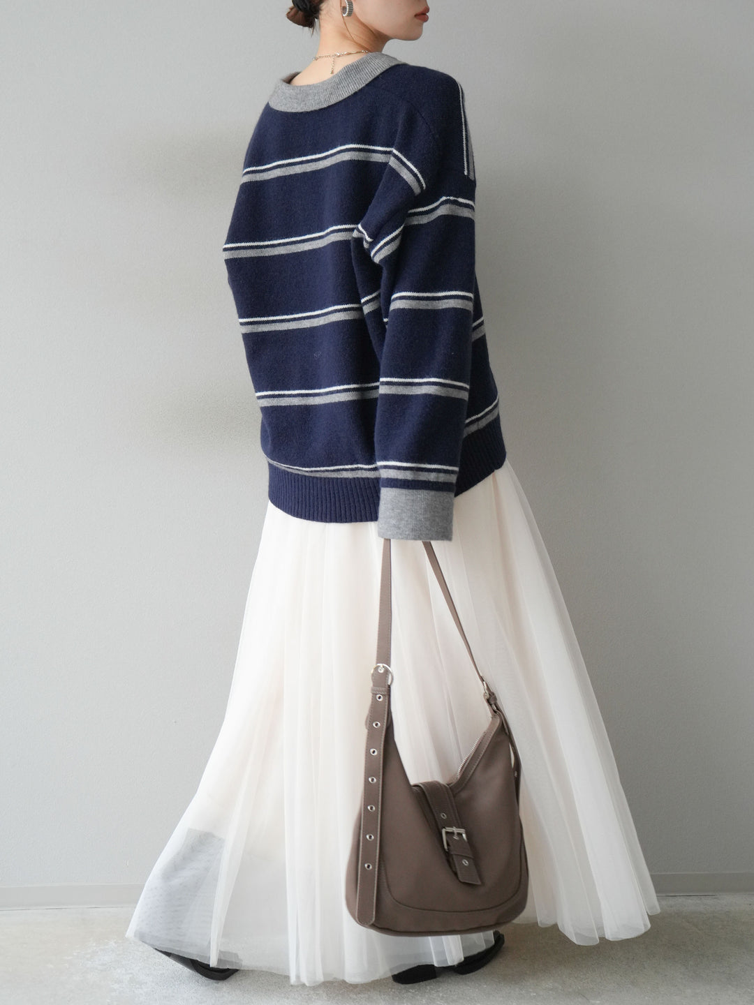 [SET]ポロ襟スキッパーボーダーニットプルオーバー+チュールボリュームスカート(2set)