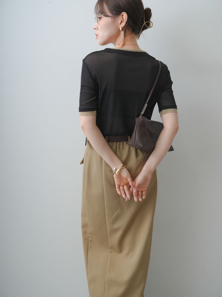 [SET]トリムレイヤードシアー半袖トップス+クレープデシンフラップ付きストレートスカート(2set)