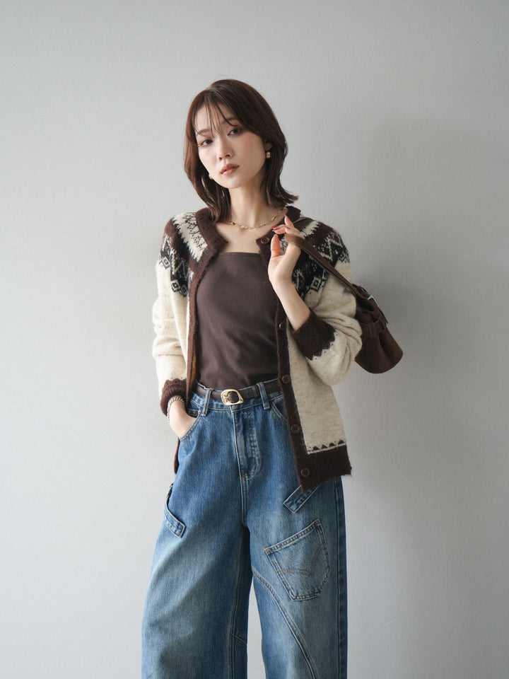 [SET]ノルディック柄ニットカーディガン+ペインターカーブデニムパンツ(2set)