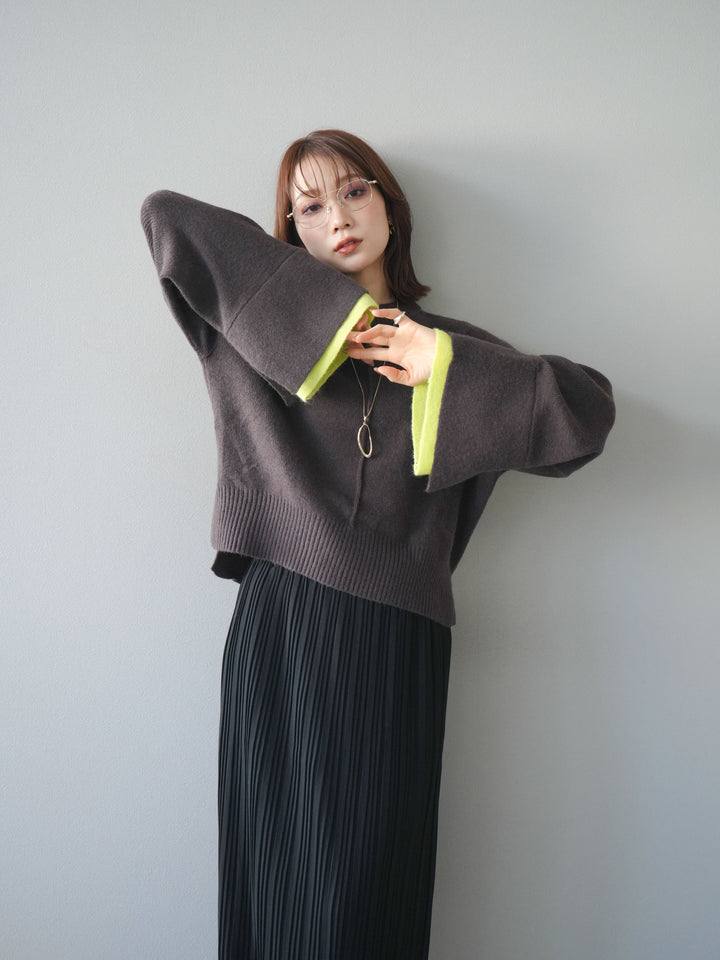 [予約]袖レイヤード配色ニットプルオーバー/brown