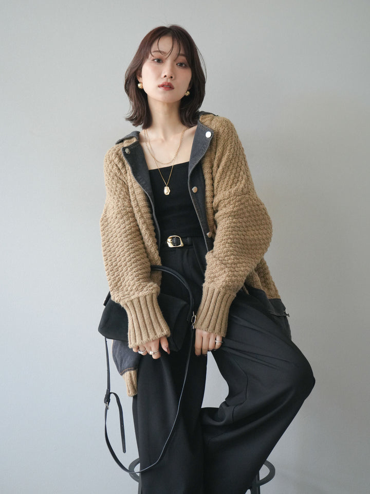 [SET]デニム襟レイヤードニットジャケット+ベルトループデザインワイドパンツ(2set)