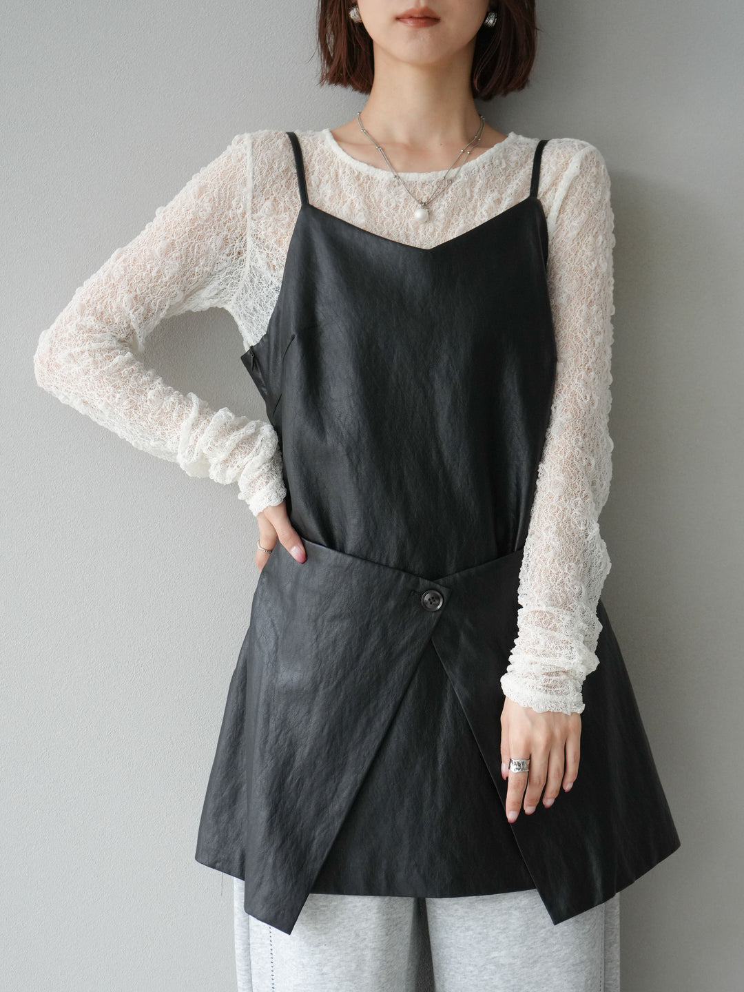 [予約]レイヤードレザーキャミソールチュニック/ブラック