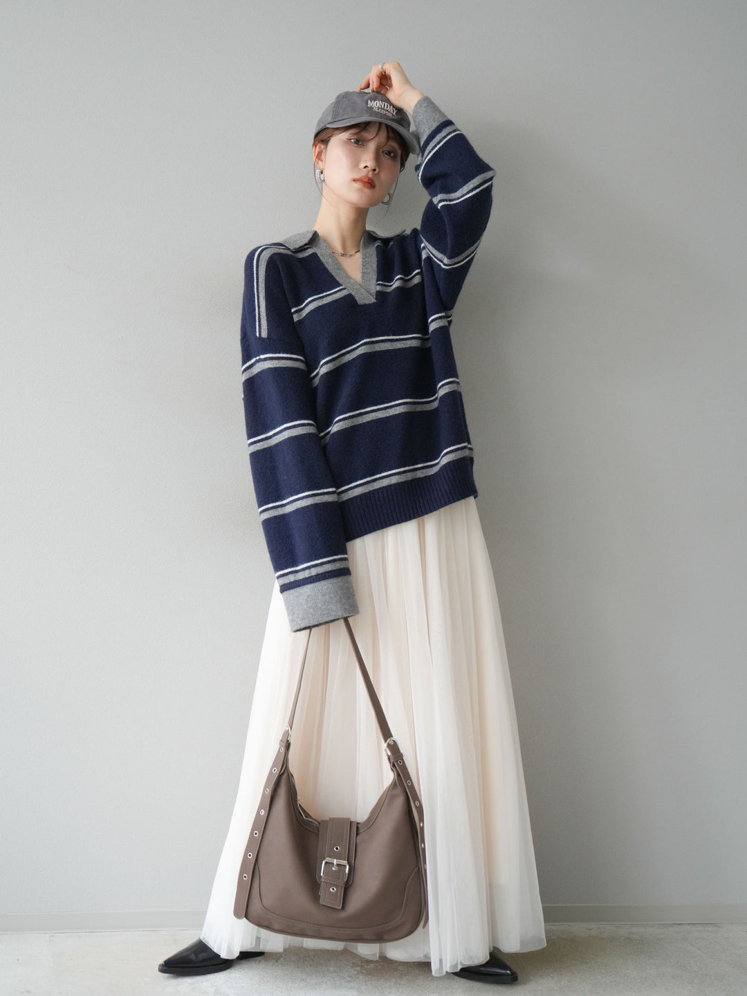 [SET]ポロ襟スキッパーボーダーニットプルオーバー+チュールボリュームスカート(2set)