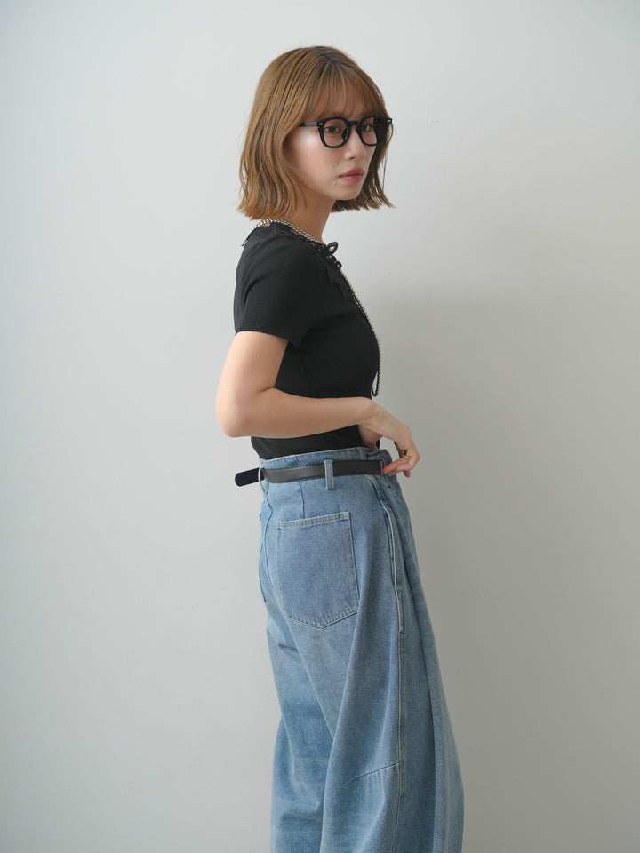 [予約]アシメフラワーレースVネック半袖ニットトップス/black