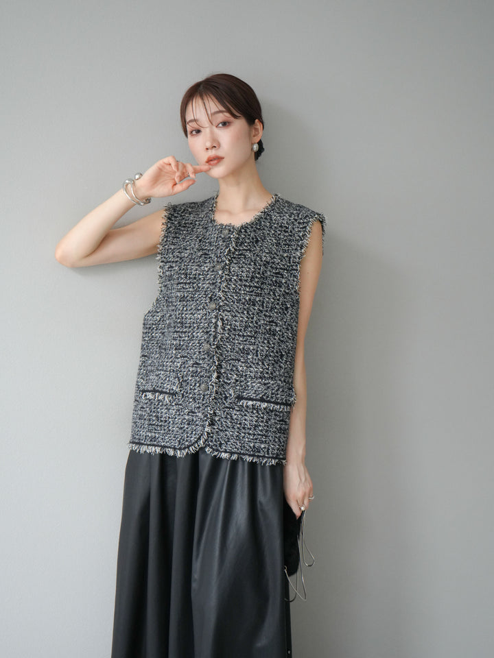 [予約]ミックスツイードフリンジニットベスト/ブラック