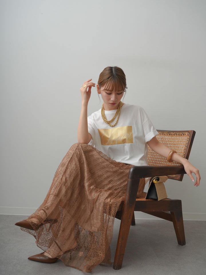 [SET]箔プリントボックスTEE+フローラルレースプリーツスカート(2set)