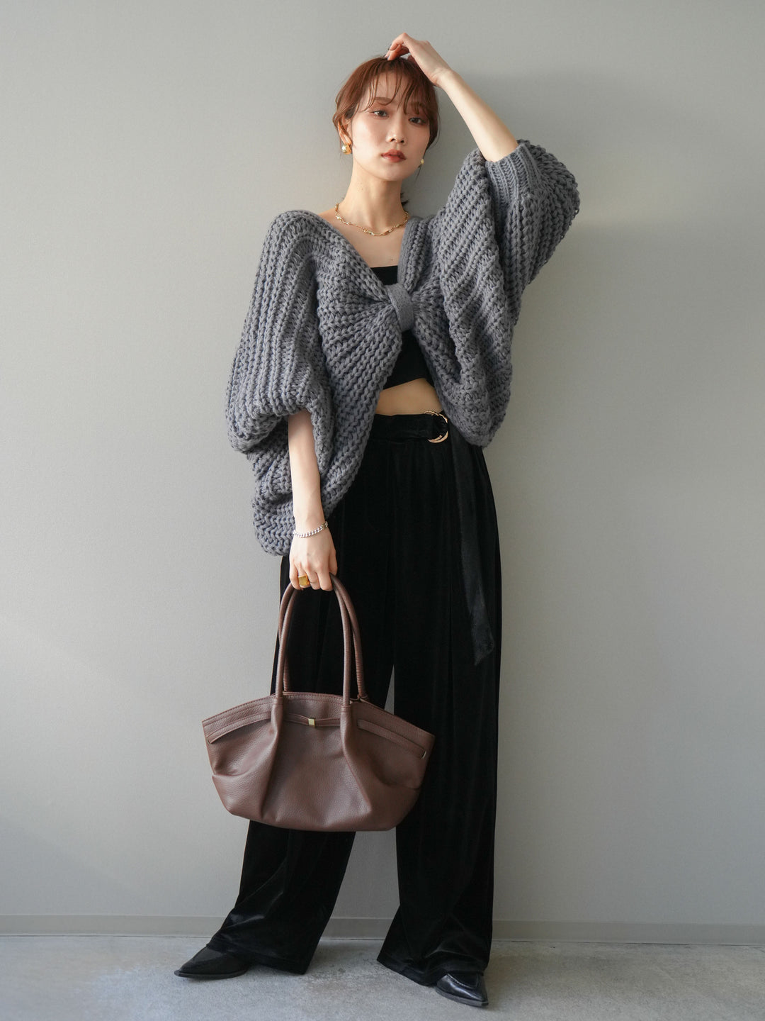 [SET]ローゲージ畦編みドルマンニットボレロ+ベロアベルトスリムパンツ(2set)