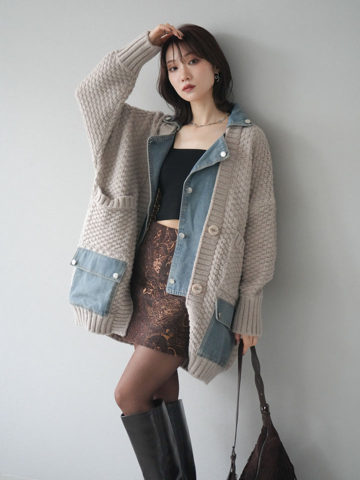 [予約]デニム襟レイヤードニットジャケット/greige