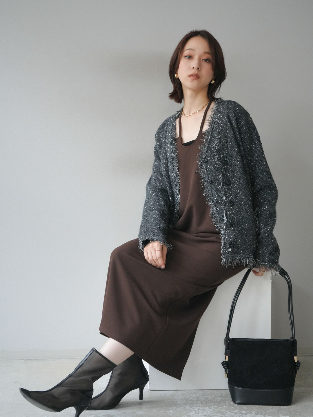 [予約]ネップフリンジニットカーディガン/ gray